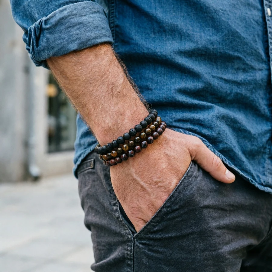Noter 3-teiliges Herren-Armband-Set, 6 mm, Sodalith, Obsidian, Lavastein, Strang-Armband, Energieheilung, Meditationsschmuck, vielseitig einsetzbar, 2 Größen – Detail 3