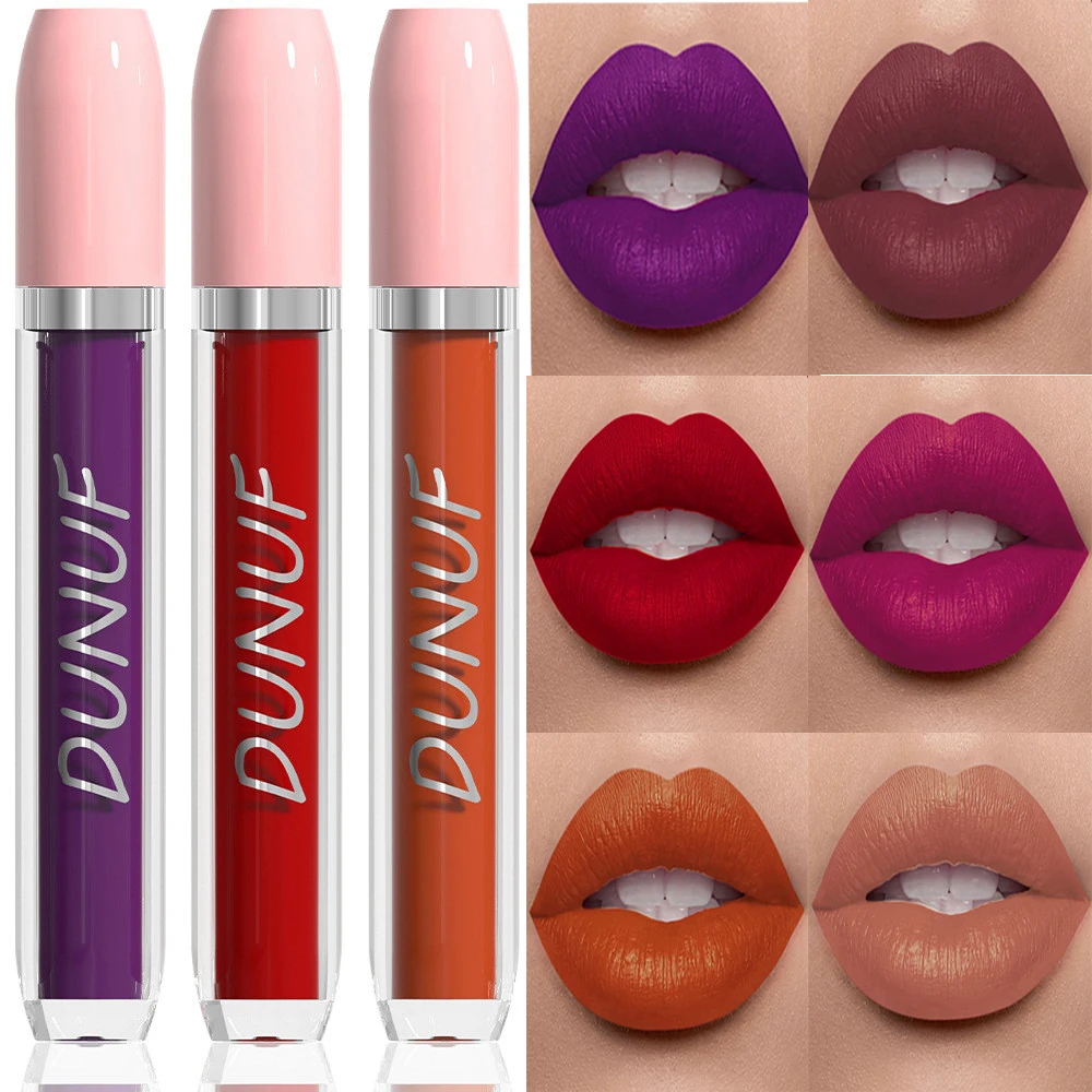 DUNUF 25 Farben samtmatter Lipgloss, einfache Farbe, flüssiger Lippenstift, Make-up, Lippentönung, Batom, langlebig, sexy rot-lila Lipgloss