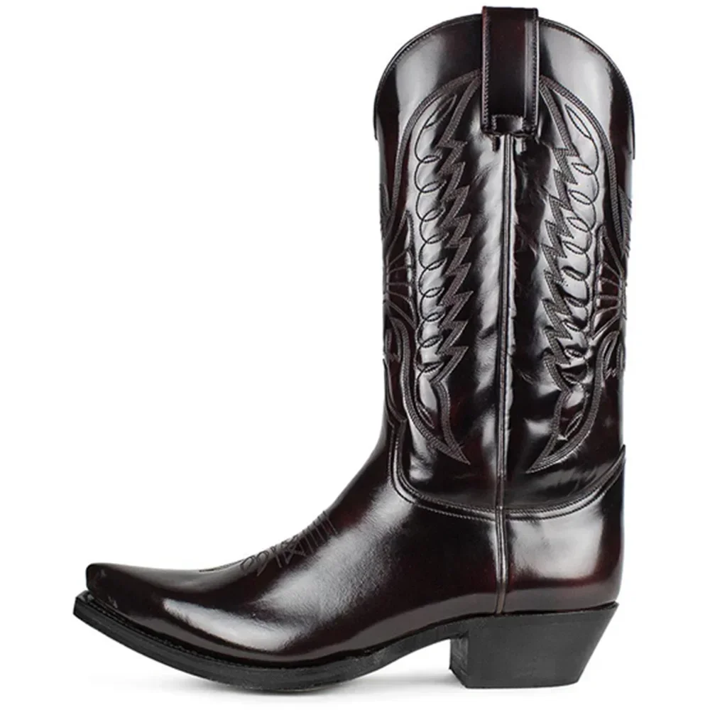 Botas vaqueras de lujo para hombre, zapatos de caballero Vintage, Botas de cuero bordadas de tacón medio para motocicleta, Botas casuales West,