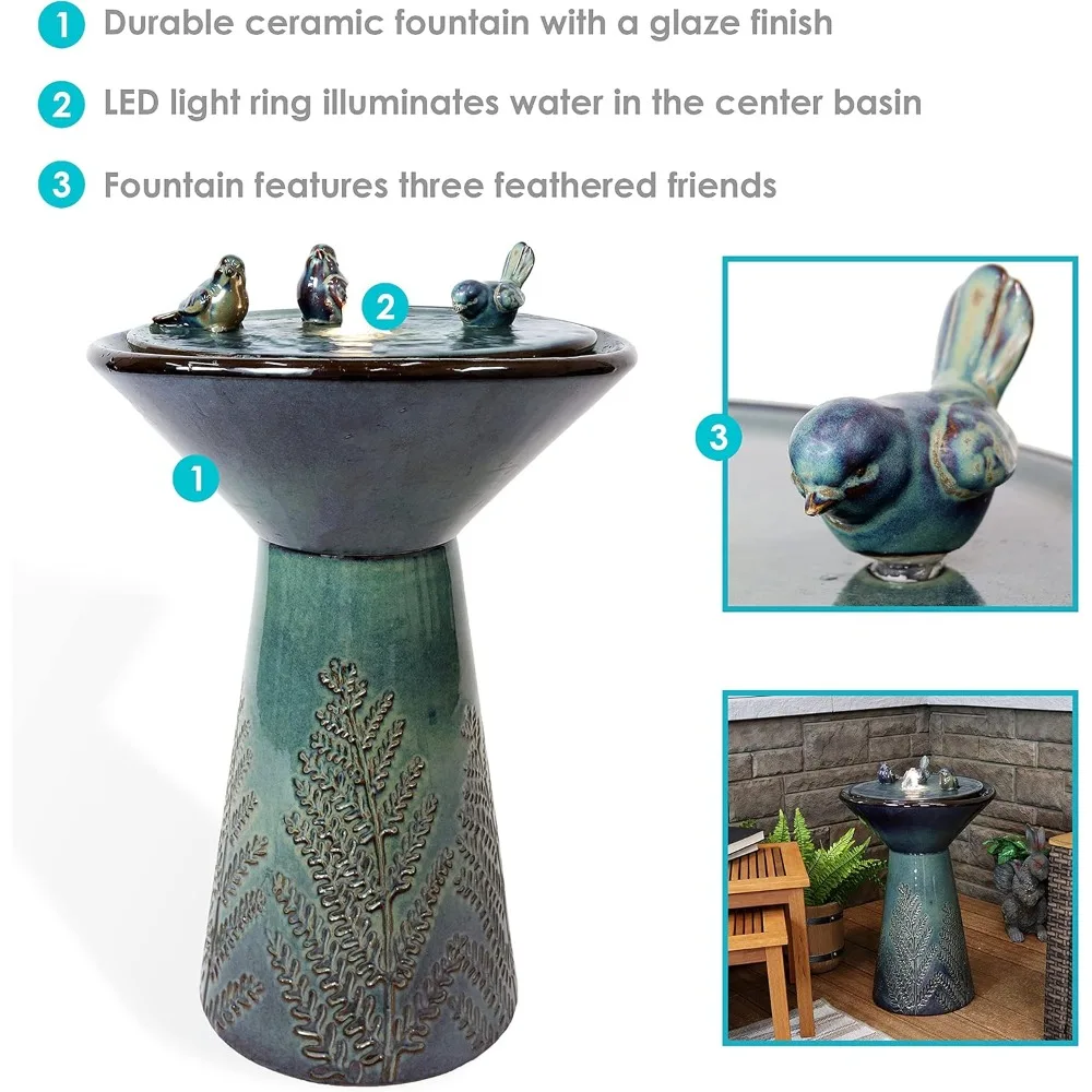 Gathering Birds 28.25-Inch Ceramic Water Fountain with LED Lights - Electric Submersible Pump with Adjustable Flow Green