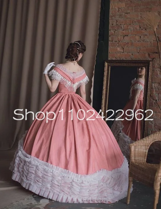 Peach Pink White Victorian Evening Dresses vintage Lace Scarlett Civil War Cosplay Halloween Lolita bustle prom gown