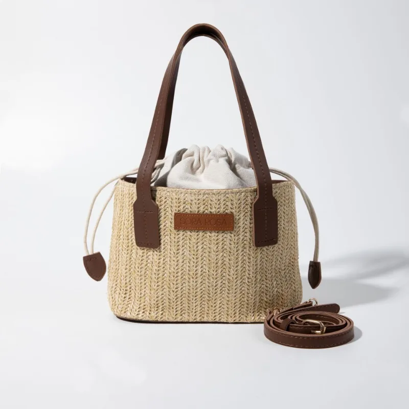 

Meet You Summer Woman Straw Braided Bucket Bag Casual Drawstring HandBag Weekend Vacation Beach Bag Small Tote Purses Crossbody