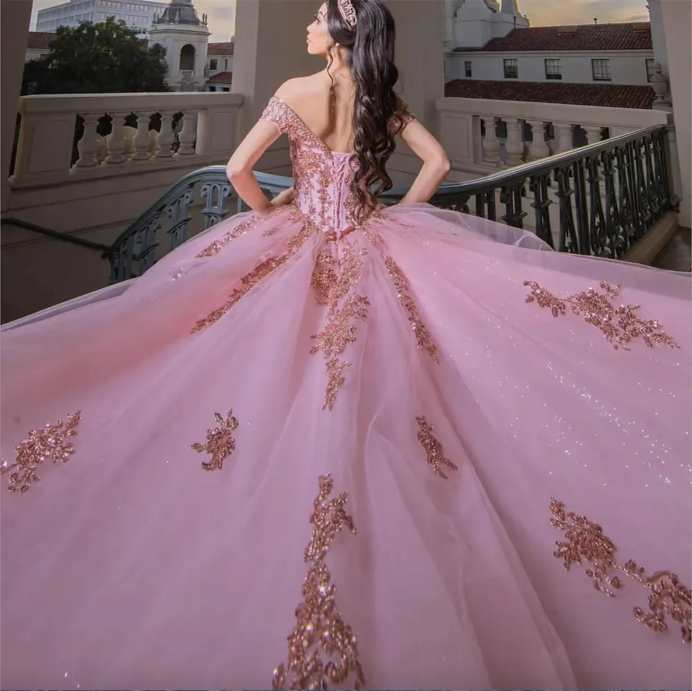 Индивидуальные милые платья 15 16, розовое тюлевое кружевное платье Quinceanera с аппликацией и открытыми плечами, вечерние платья Vestidos De 15 Años