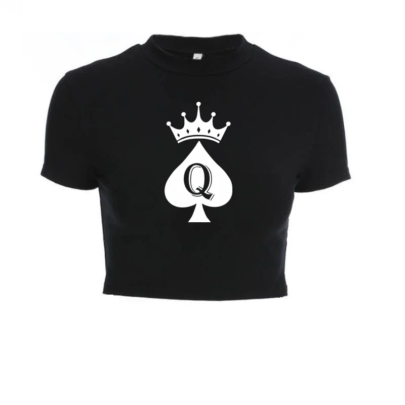 Queen Of Spade Crop Tops Ladies Black Bandage Tee Fashion Women Hot Short T-Shirts Sexy Short Sleeve Female Shirts Gilrs Clothes