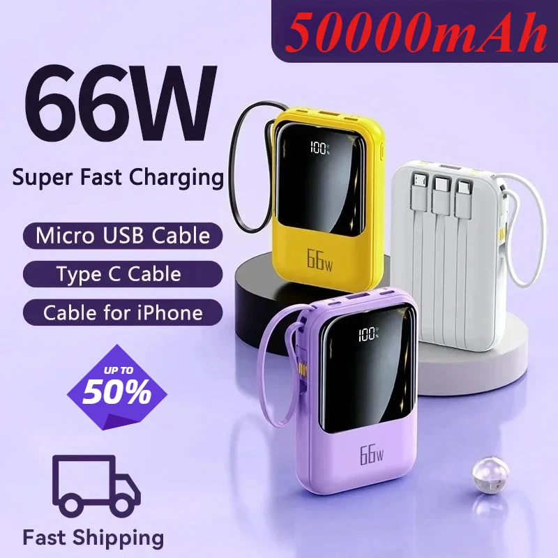 PD 66W Newest 50000mAh Fast Charging Portable Power Bank Mini Display Screen with Cable for iPhone Samsung Huawei Xiaomi Android