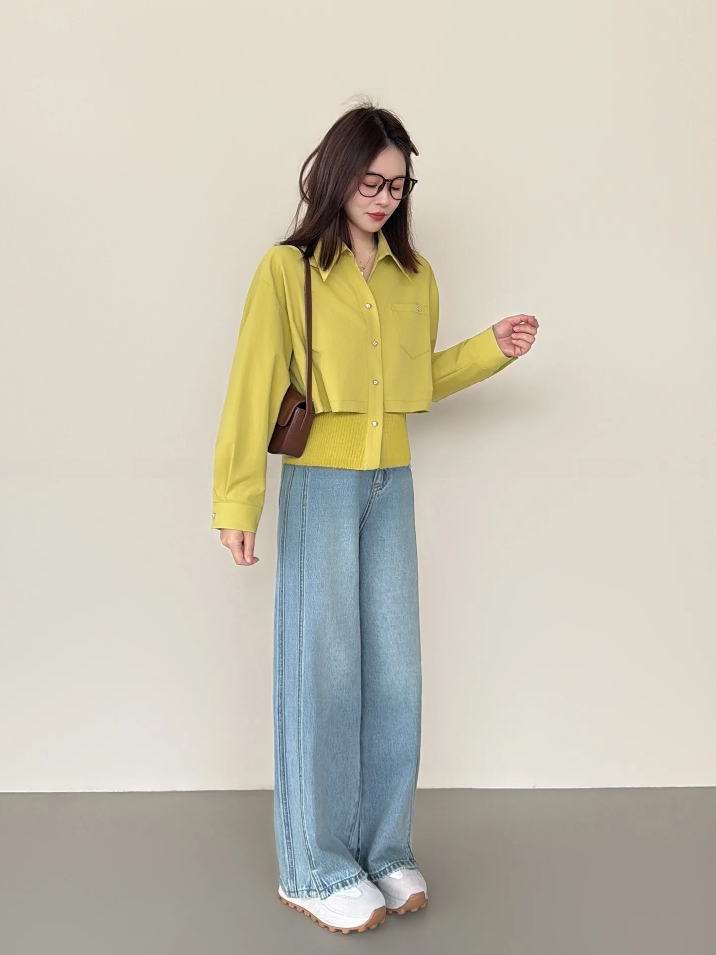 

Slim Fit Long Sleeve Shirt Korean Style Women's 146 Small Size Spring 2026 Waist Cinching Outerwear Breathable Polyester