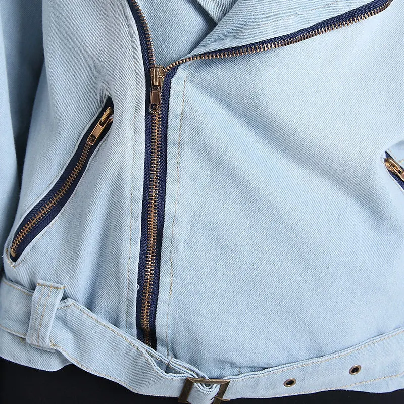 여성 지퍼 스타일 데일리 루즈 데님 재킷 한국판 봄 가을 신상 소프트 벨트 장식 디자인 턴다운 칼라 카우보이 코트