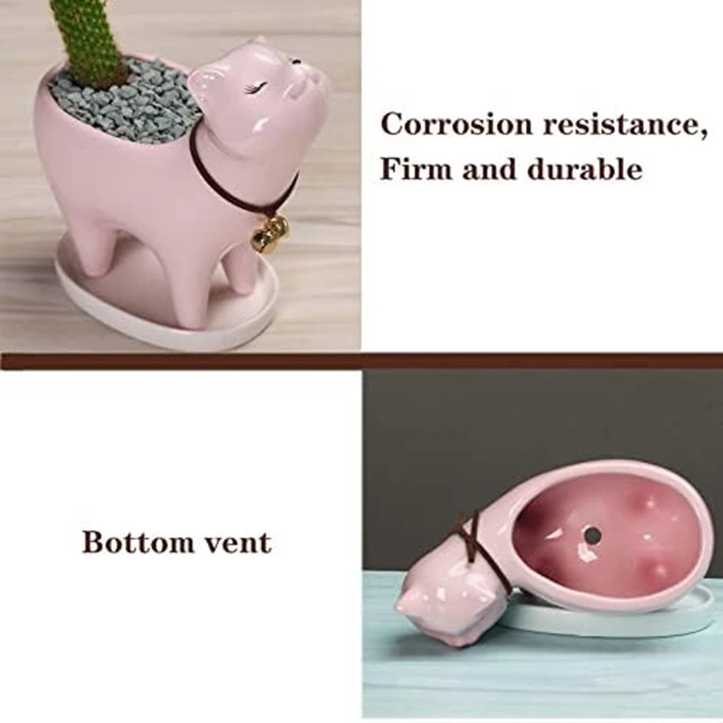 2 Piece Cat-Planter Ceramic Plant Pots White & Pink Decorative Animal Flower Pot With Drainage Hole And Tray Saucer