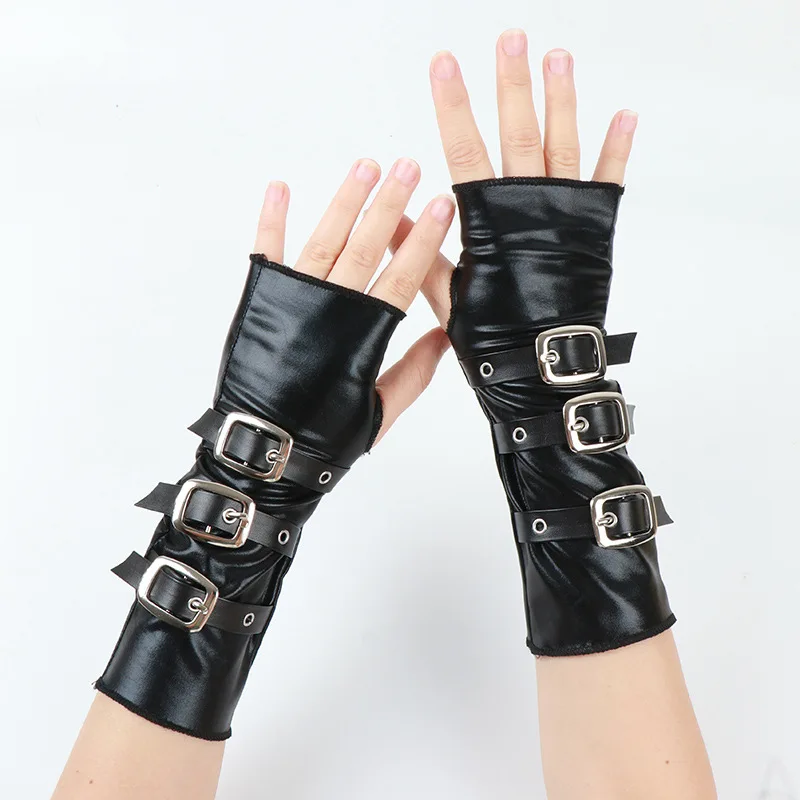 Gloves Arm Sleeves Patent Leather Metal Buckle Black Wristband Dark Punk Party Dance Studded Accessories for Women Men Unisex
