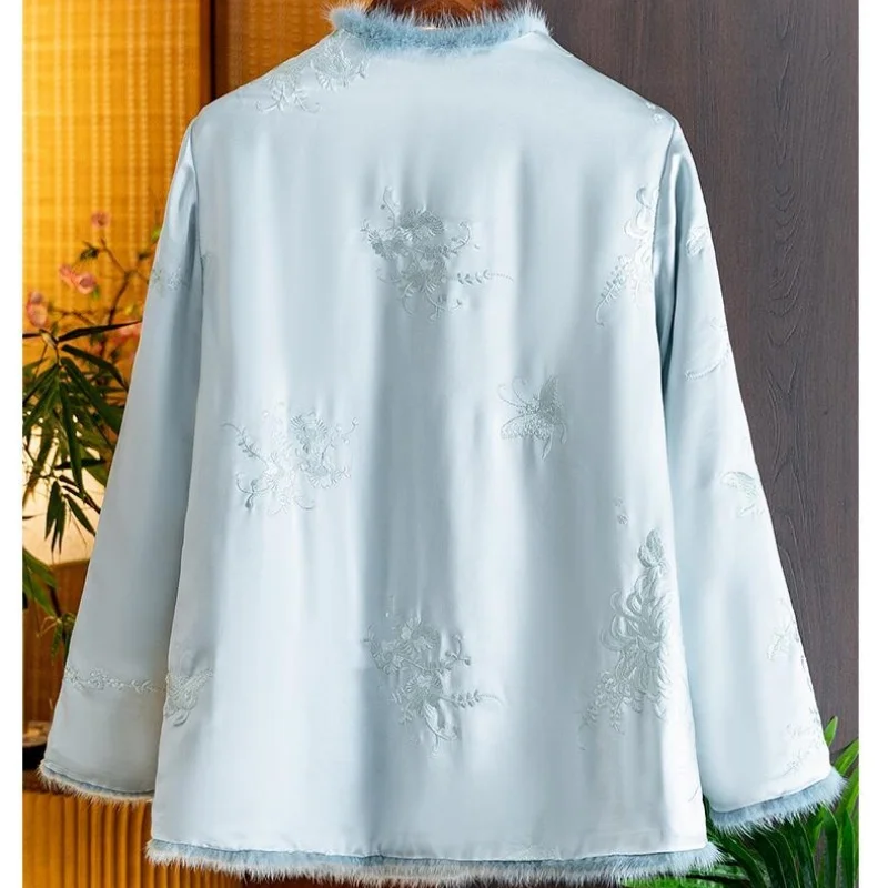 Chinese Stijl Borduren Splicing Bont Zijden Jas Vrouwen Herfst Winter High End Single Breasted Katoen Dames Outerwears