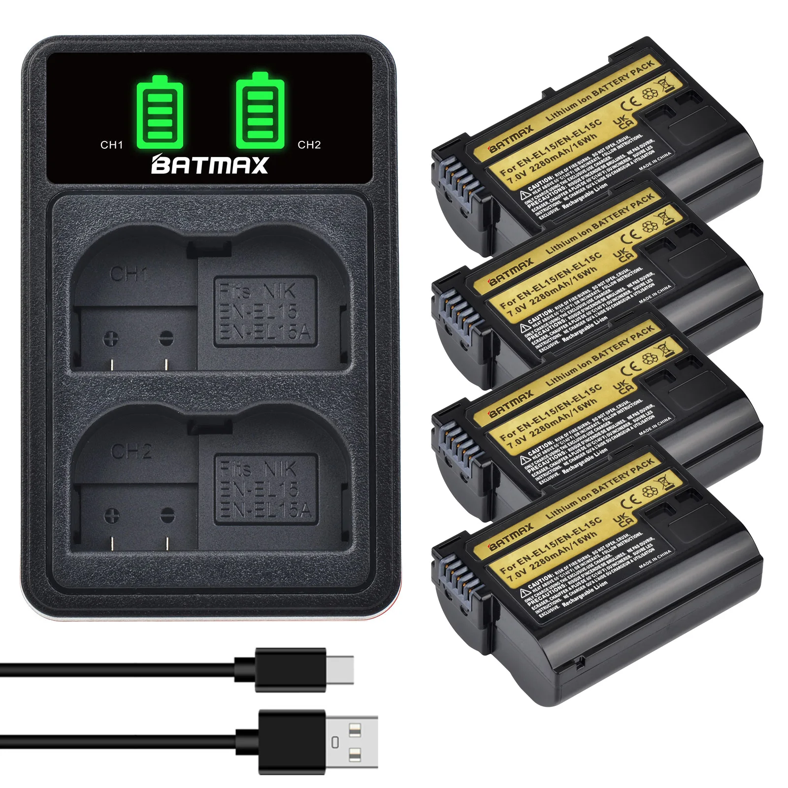 Batmax 2280mAhEN EL15 EN EL15C Battery Akku + LED Charger Type C for Nikon Z5,Z6,Z7,D7100,D7200,D7500,D850,D750,D7500,D810,D500