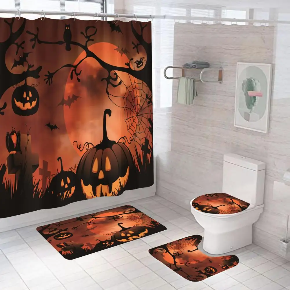 Health-friendly Bathroom Accessories Hotel Bathroom Accessories Spooky Halloween Castle Shower Curtain Set Waterproof Non-slip