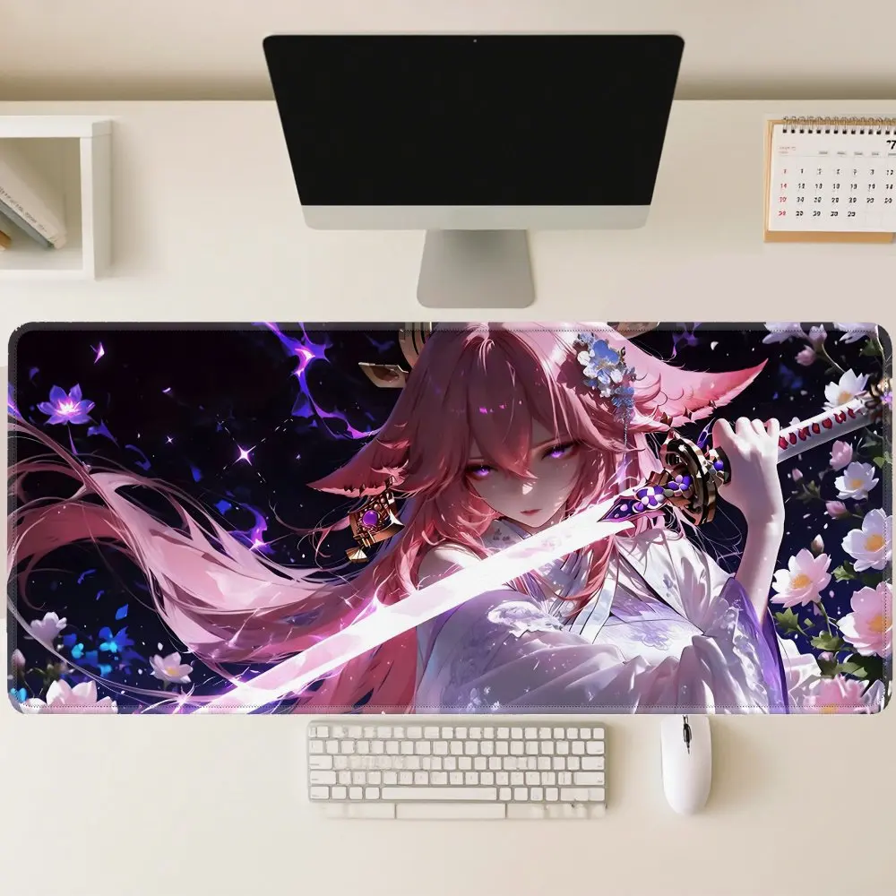 Gaming Mouse Pad, Large Desk Mat, Anti-slip, Stitched Edges, Pink Hair Fox Girl with Print, Keyboard Pad for Gaming & Home Use