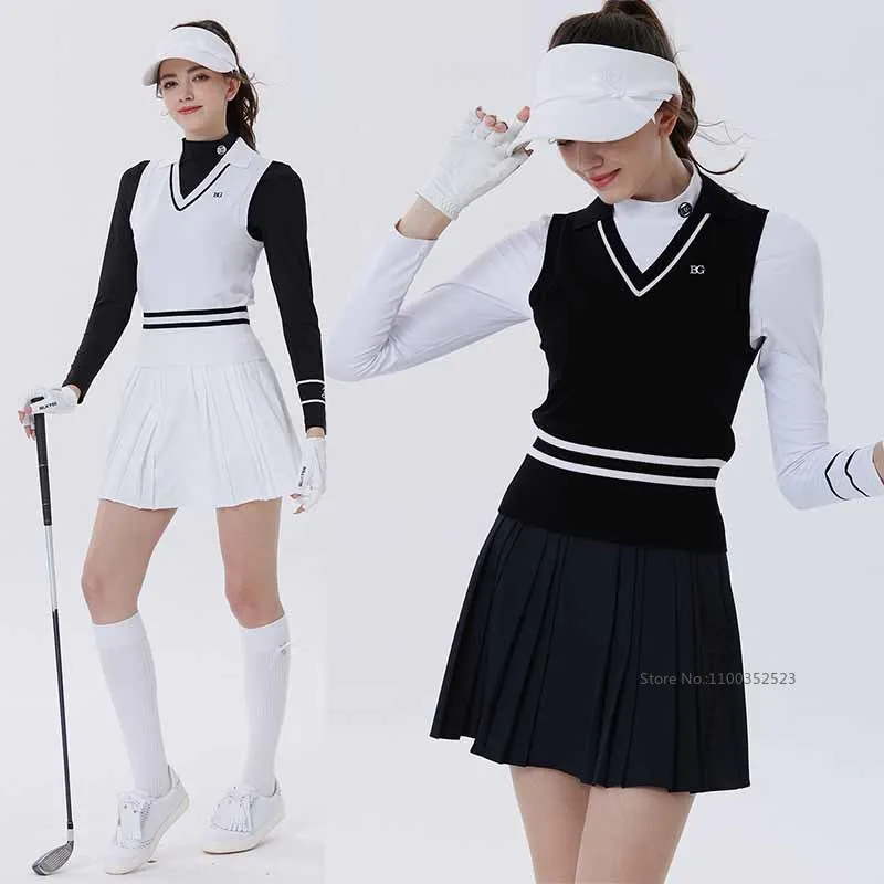 BG New Golf Women Knitted Vest Sleeveless Warm Top Autumn Wool V-Neck Sweater Ladies Pleated Skirt A-Lined Slim Golf Skorts