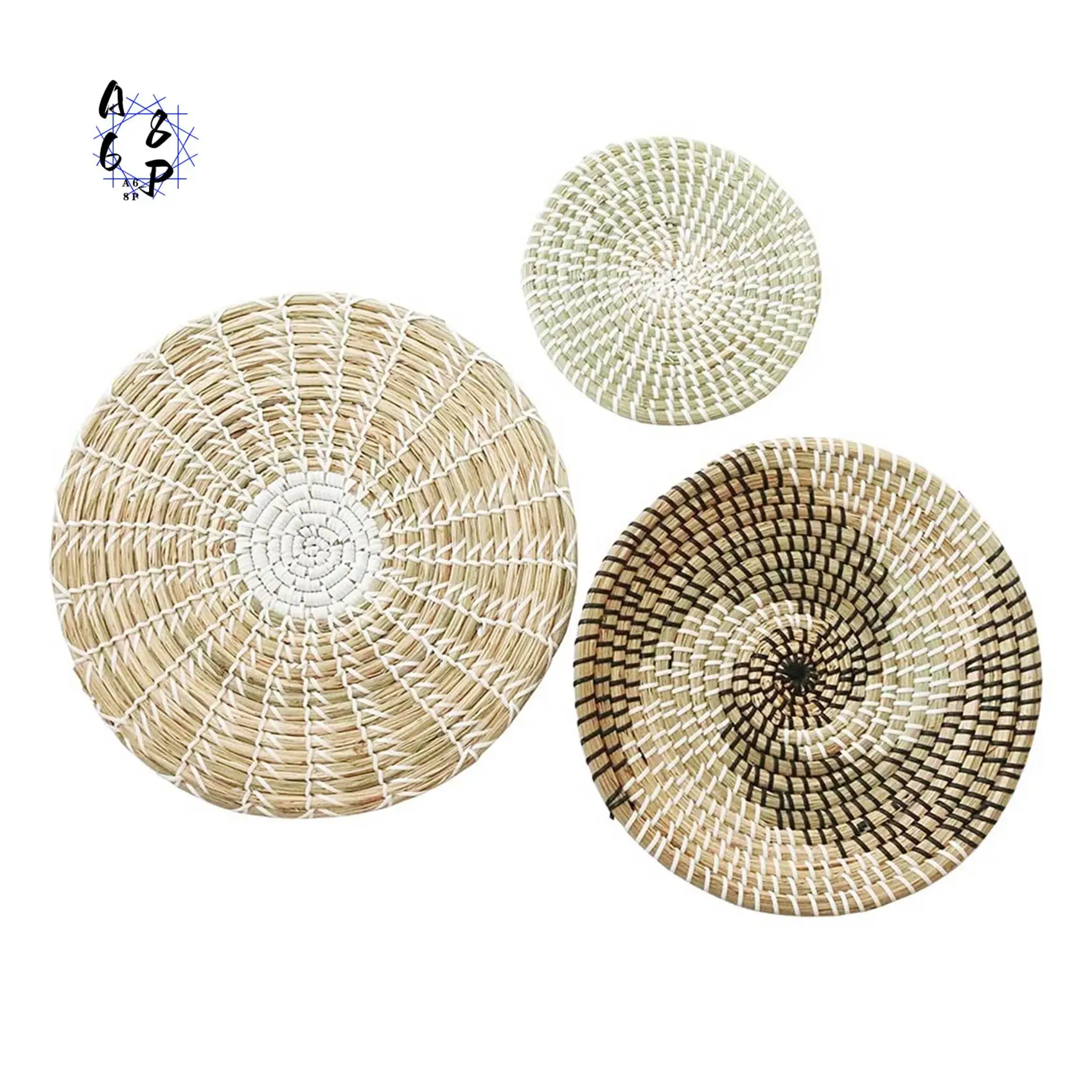 A68P-Set Of 3 Wall Decor Wicker Baskets Natural Woven Seagrass Hanging Flat Baskets Ornament Boho Round Basket For Wall Decor