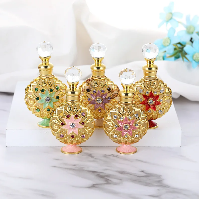 60pcs Luxury Arabian Style Gold Sunflower Flat Shape Perfume Bottles Empty Vintage Refillable 10ml Essence Oil Bottles