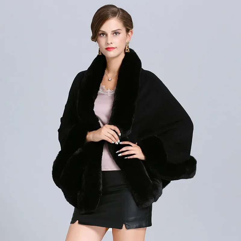 10 Colors Winter Women Faux Fox Fur Collar Poncho Cape Overcoat Big Pendulum Shawl Faux Cashmere Warm Out Streetwear Cloak