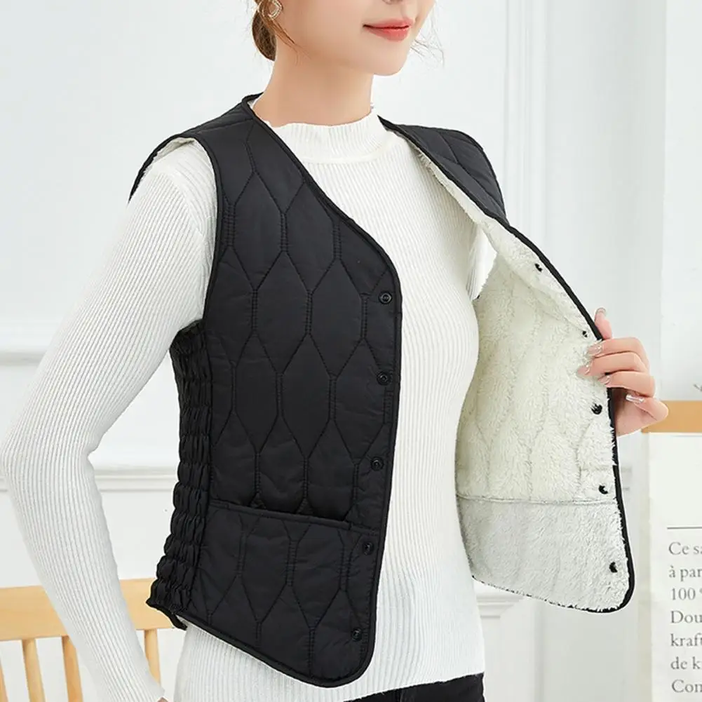 

Winter Waistcoat Stylish Women's V-neck Cardigan Warm Padded Sleeveless Vest Coat with Slim Fit Solid Color Convenient Pockets