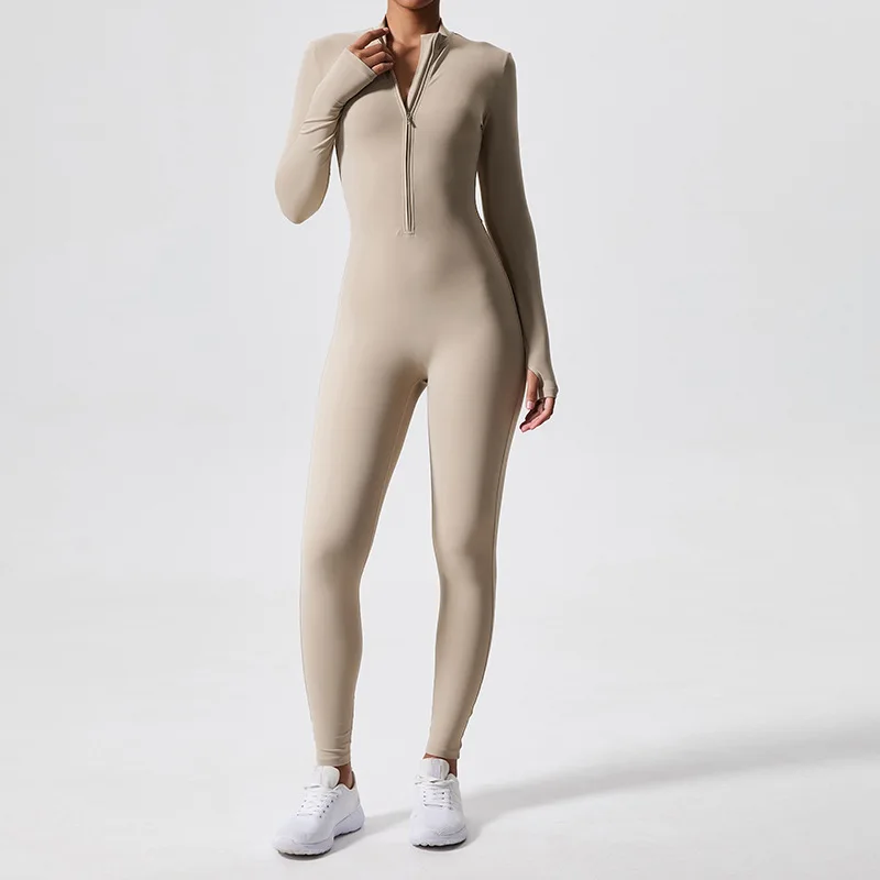 Solid One Piece Workout Bodysuit Long Sleeve Female Sexy Nude Jumpsuit in Melt Fabric Gym Yoga Dance Sportswear Onesie