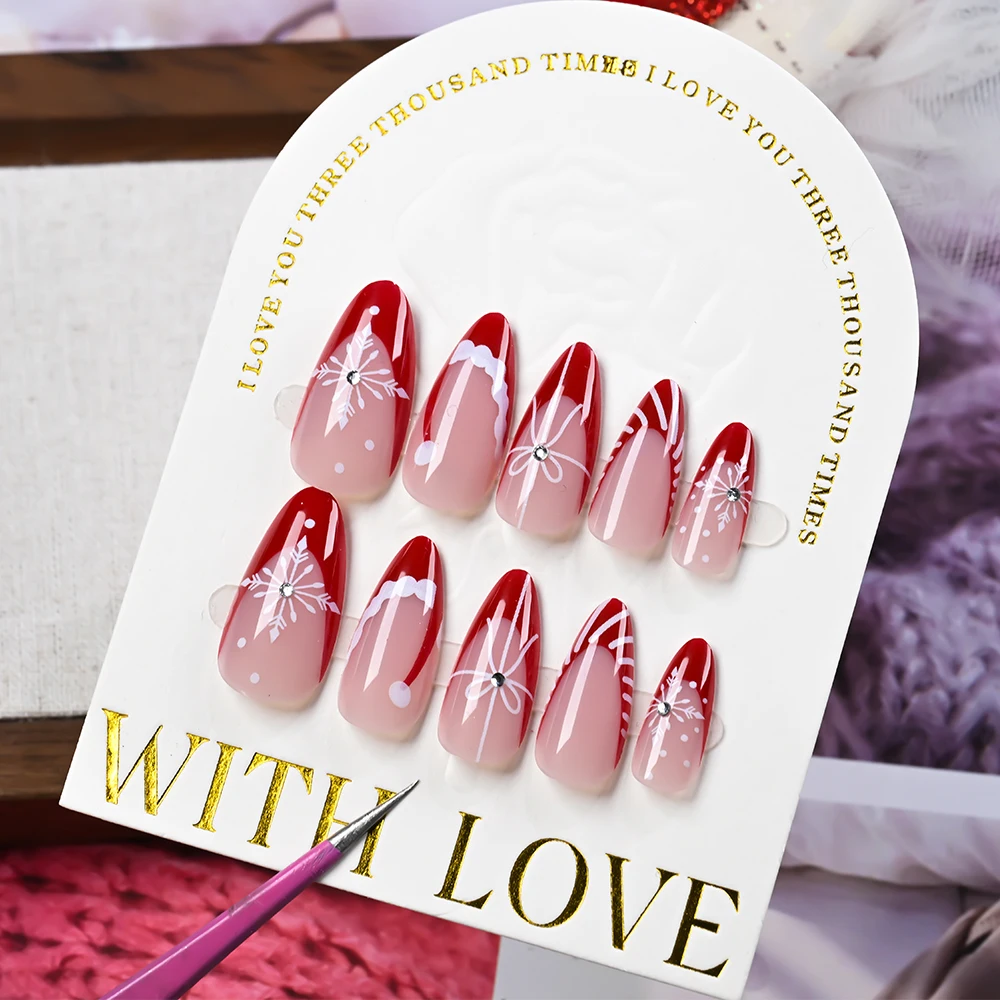 24 قطعة/صندوق قصيرة اللوز عيد الميلاد قبعة تصميم الأظافر وهمية لطيف الفرنسية القوس ندفة الثلج اضغط على الأظافر نصائح DIY بها بنفسك الحلو فتاة الأظافر كاذبة #1