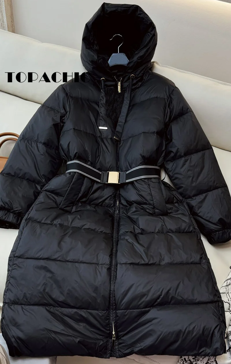 8.31 TOPACHIC-Women Quilted Sashed Collect Waist Long Down Jacket Hooded Keep Warm Double Zipper Goose Down Thick Outerwear