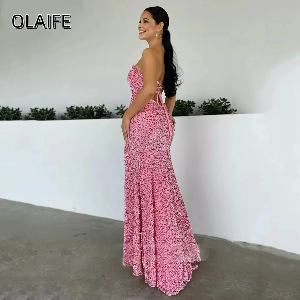 Olaife Sweetheart Mermaid Evening Gowns Split Corset Back Sparkling Sequined Velvet Sexy Party Prom Dresses Robe De Soiree