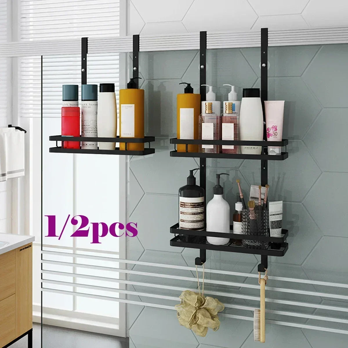 

Hanging Shower Caddy Shelf with Hooks Suction Cups Nail-free Stainless Steel Shampoo Storage Shelf Rack Bathroom Basket Holder