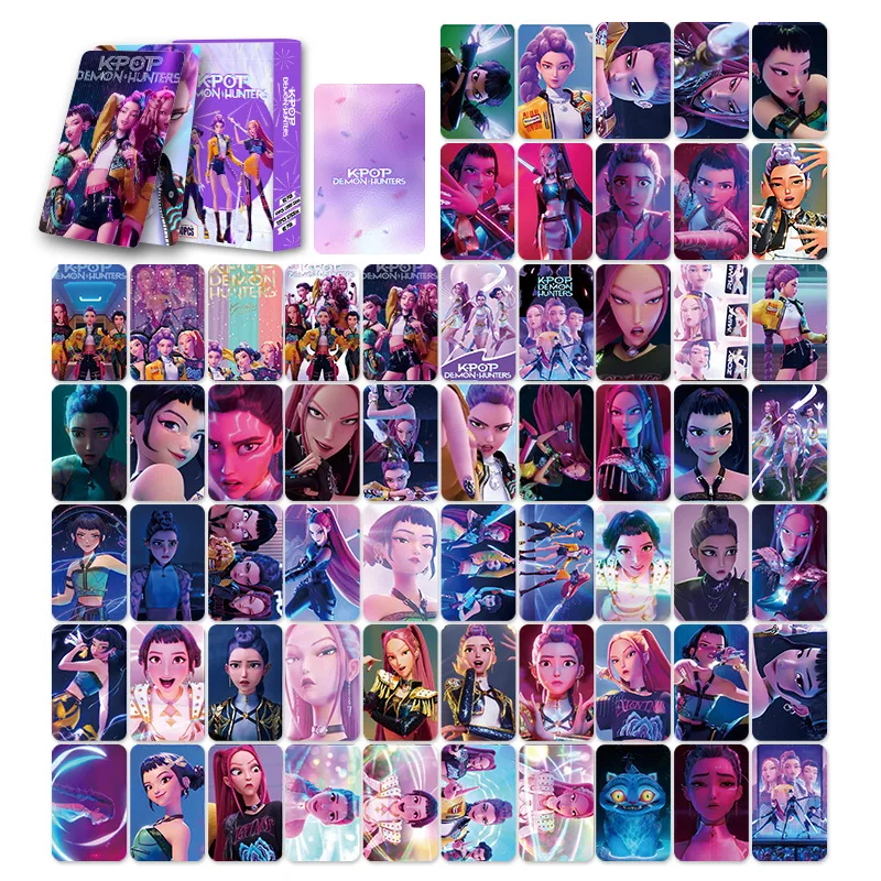 60 قطعة من بطاقات KPop Demon Hunters المجسمة على الوجهين بطاقات صور LOMO، مجموعة بطاقات تجارية أنيمي للفتيات من Huntrix لمحبي
