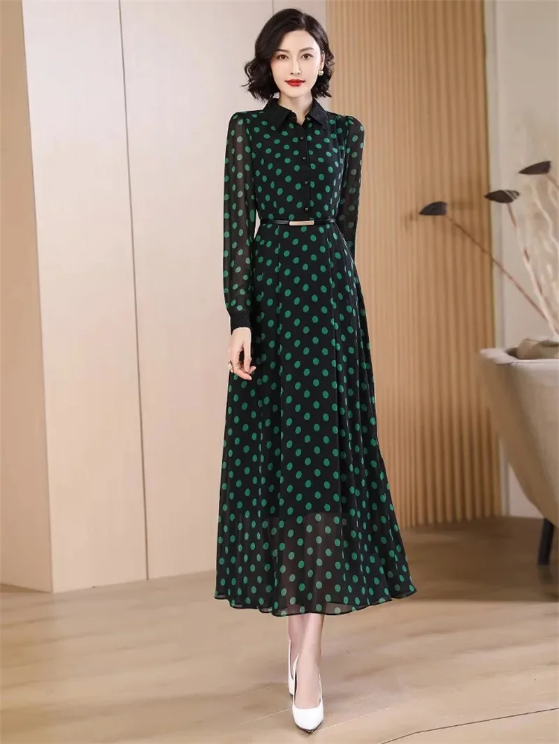 

Spring Autumn Dress High End Women's Elegant Long Dresses Suit Collar Chiffon Polka dot Long Dress Female Maxi Vestidos