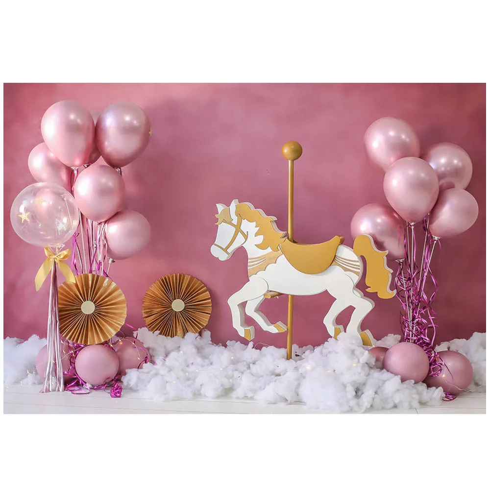 Mocsicka Newborn Photography Background Pink Wall Carousel Balloons Girl 1st Birthday Cake Smash Backdrop Studio Photocall Props