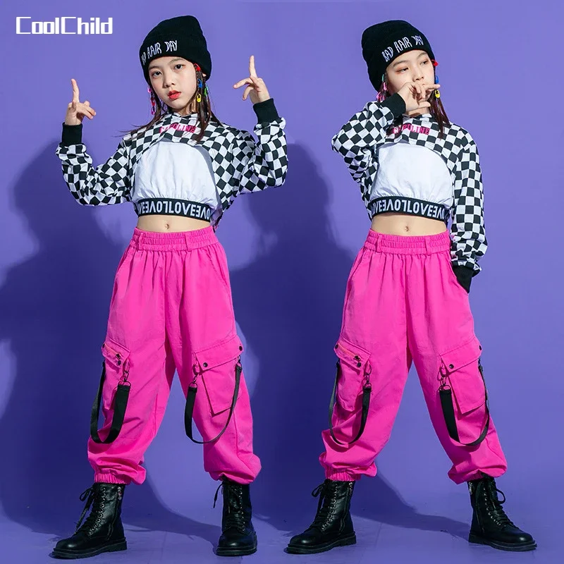 Hip Hop Girls Plaid Hoodies Pink Cargo Pants Kids Crop Top Joggers Street Dance Clothes Set Child Jazz Streetwear Stage Costumes