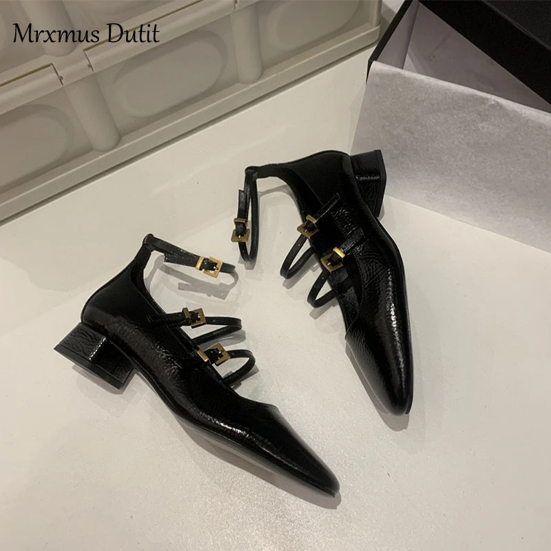 Mrxmus Dutit 2023 New Spring Summer Fashion Genuine Leather Mary Jane Rough Heel Sandals Women Simple Ballet Shoes Female Chic