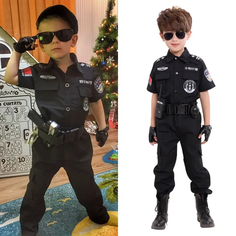 子供のための警官の衣装、ハロウィーンパーティーのカーニバル、警察の制服、軍隊、警官のコスプレ、男の子のための服セット、110-160cm