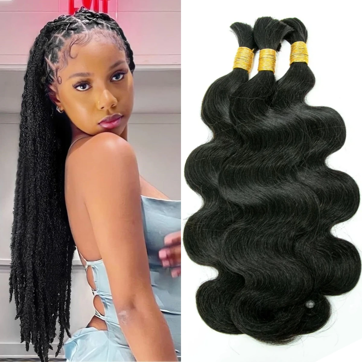 Extensions de cheveux humains en vrac noirs naturels, cheveux ondulés pour tressage, non transformés, 100% cheveux humains, sans trame, 1B