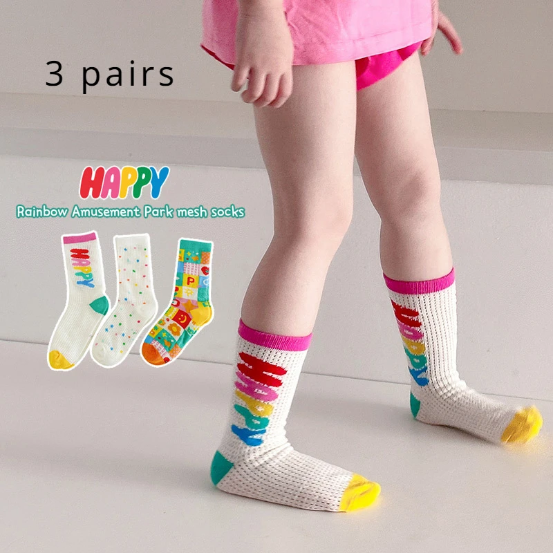 3 Pairs of Spring and Summer Girls New Thin Mesh Breathable Children\'s Ins Series Rainbow Letters Cute Fashion Socks