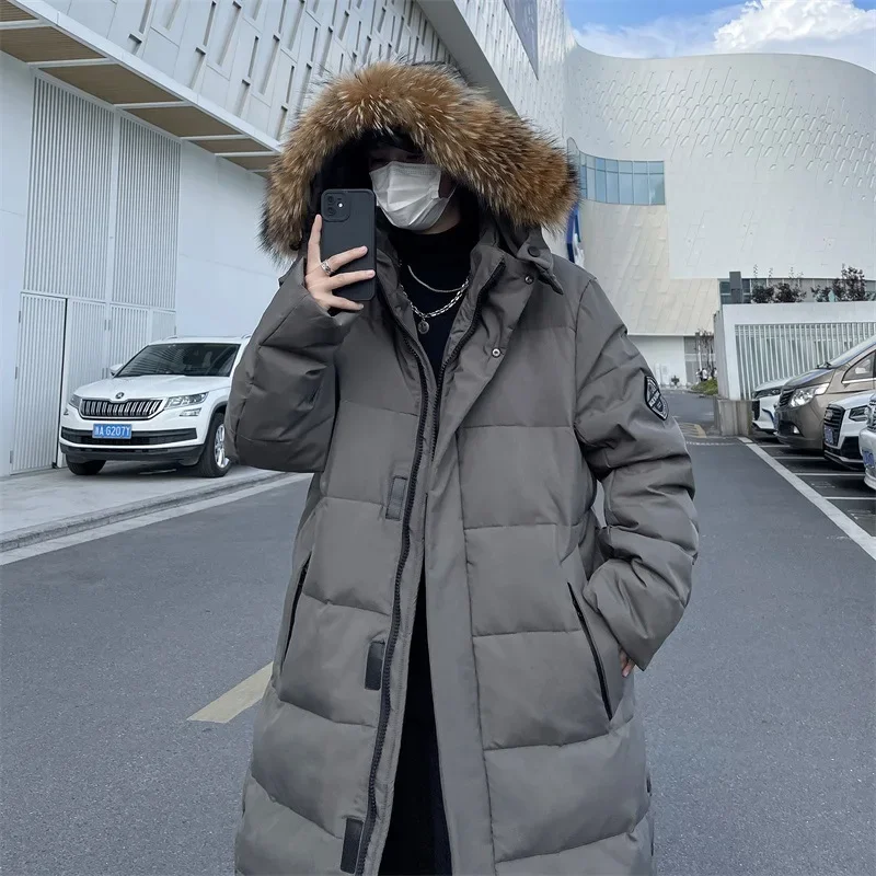 2024 Korean Version of Fashion Long Down Jacket Lovers Winter Male Youth with Hooded Coat Male Trench Coat Tide Men Jacket