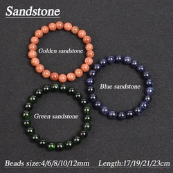 Natural Blue SandStone Round Beads Bracelet & Bangle 4-12 MM Blue Green Golden Sand Stone Fashion Starry Sky Wrist Jewelry Gift