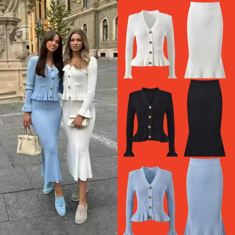 2026 autumn new French celebrity slim-fitting and thin knitted top + hip-wrapped fishtail skirt set dress