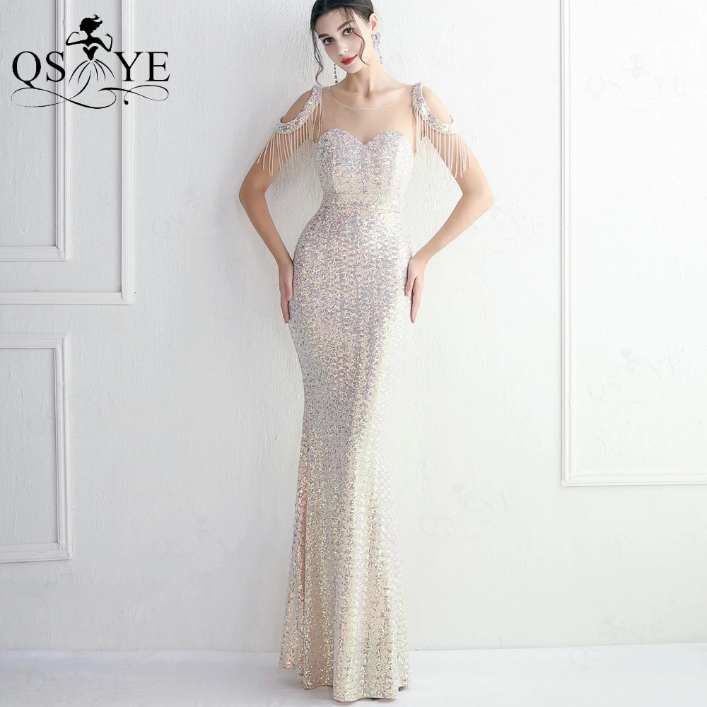 

Crystal Beading Side Sleeves Silver Pink Sequin Prom Dress Unique Pattern Evening Gown Scoop Illusion Back Mermaid Party Dress