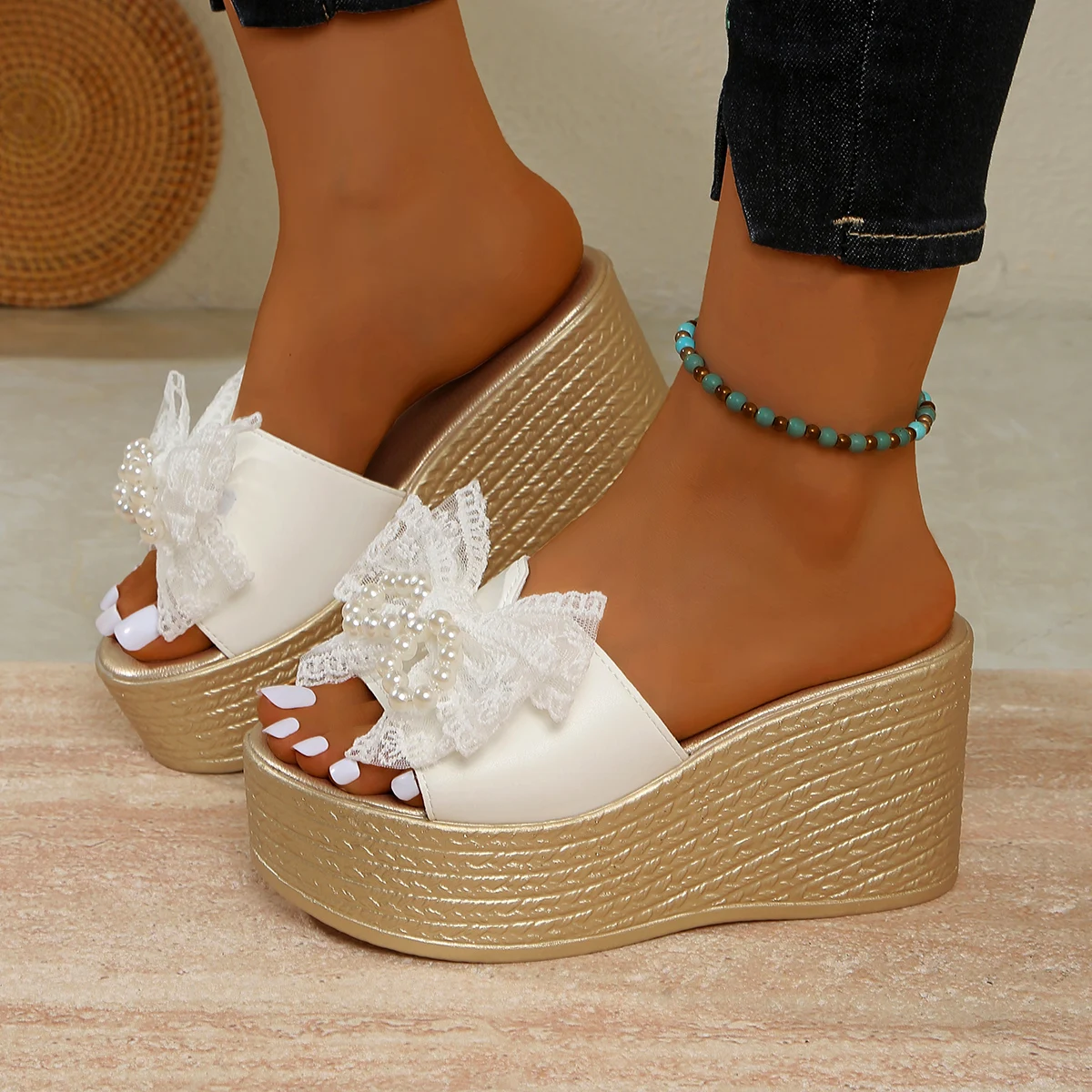 

Women Sandals Summer Elegant Bow Sandals Fashion High-heeled Slippers Casual Large-sized Sandals High-quality Wedge Women Shoes