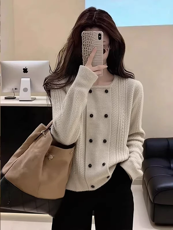 

Extra Large 300 Pounds High Quality Double Button Long Sleeve Women's Knitted Sweater Loose Slimming Autumn Winter Cardigan