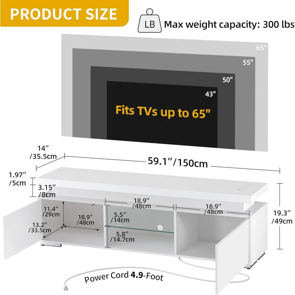 LED TV Stand for 65 inch TV w/Power Outlet TV Stands for Living Room Entertainment Center with Storage