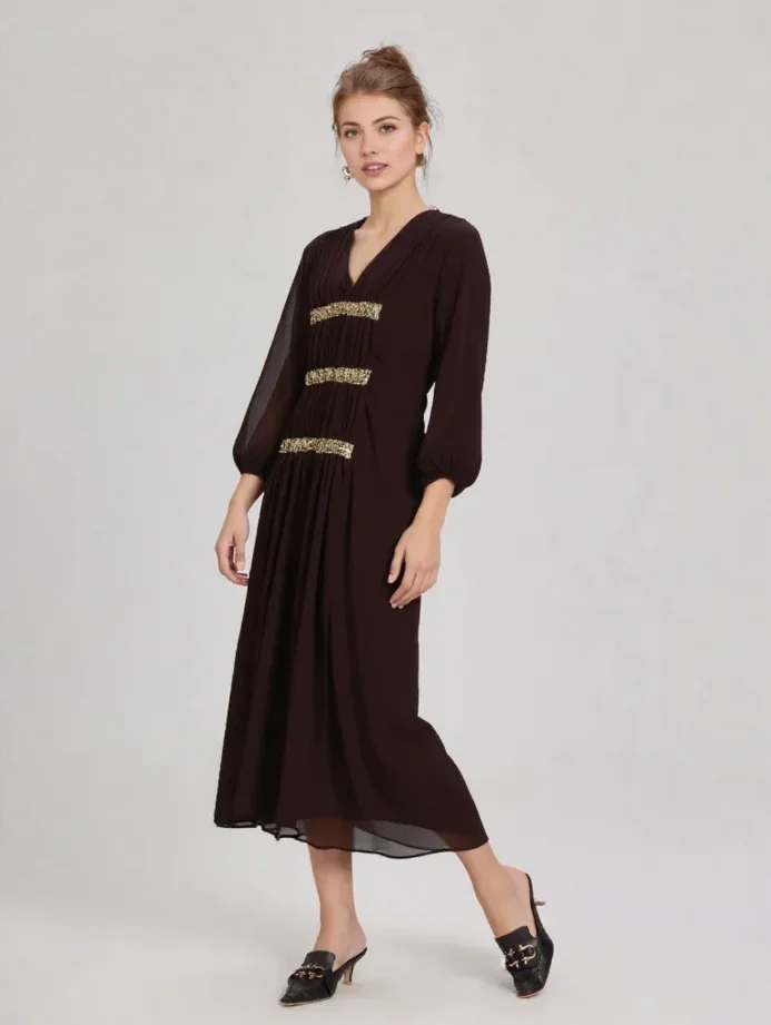 Losse pailletten V-hals lange mouwen jurk nieuwe mode Sparkle semi-transparante jurken damesjurk casual jurk herfstjurken