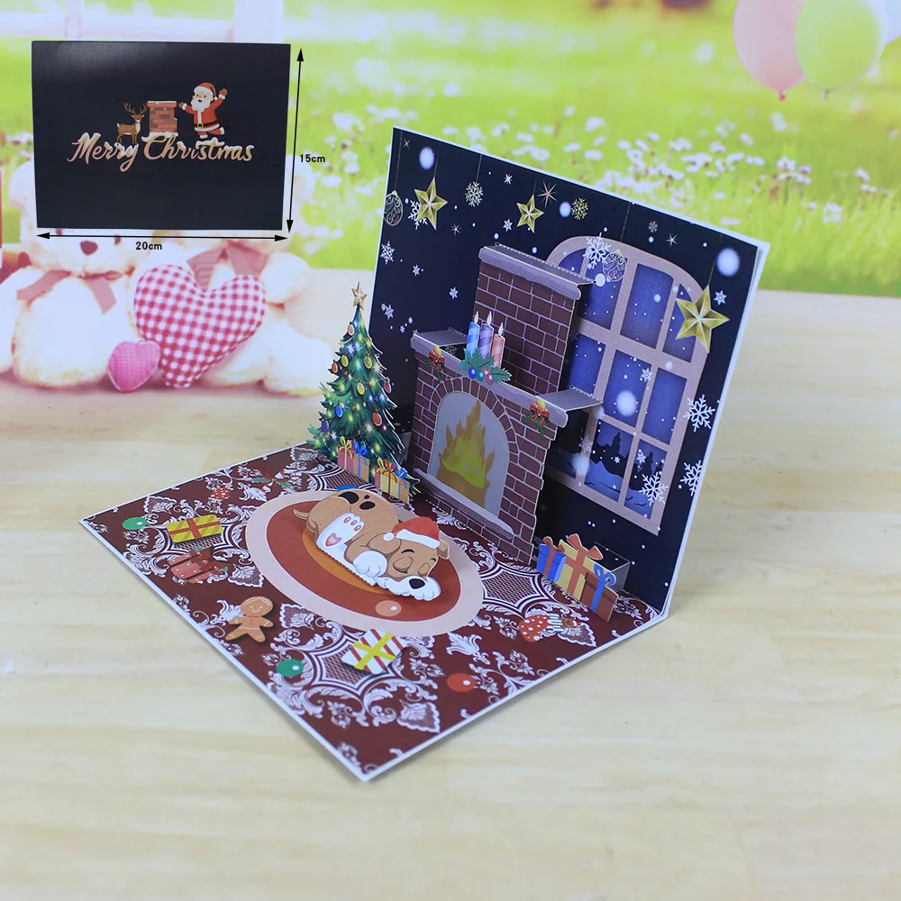 1PC Christmas Blessings Music Lights Projection Elderly Fireplace 3D Stereoscopic Greeting Card Paper Sculpture New Year Card