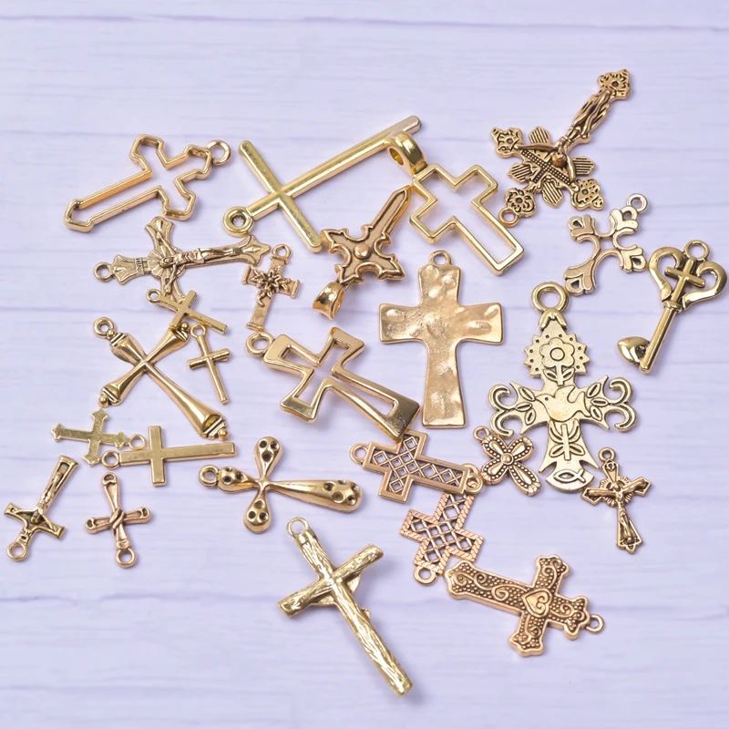 25Pcs/Lot Mix Cross Charm Christ Religious Alloy Gold Color Charms for Jewelry Making Amulet Pendant Supplies material cruz