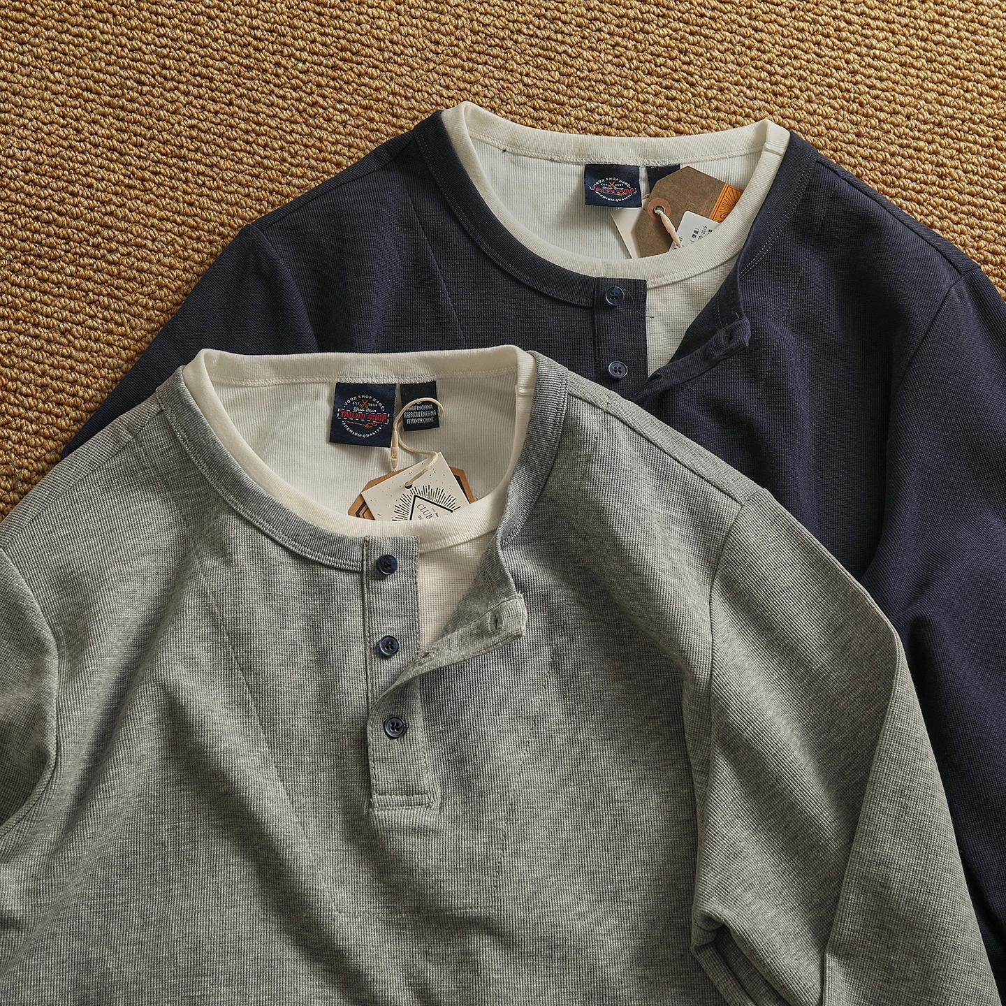 2025 Autumn New American Retro Heavyweight Fake Two Pieces Long-sleeved Henry Collar T-shirt Men's Fashion Washed Casual Tops