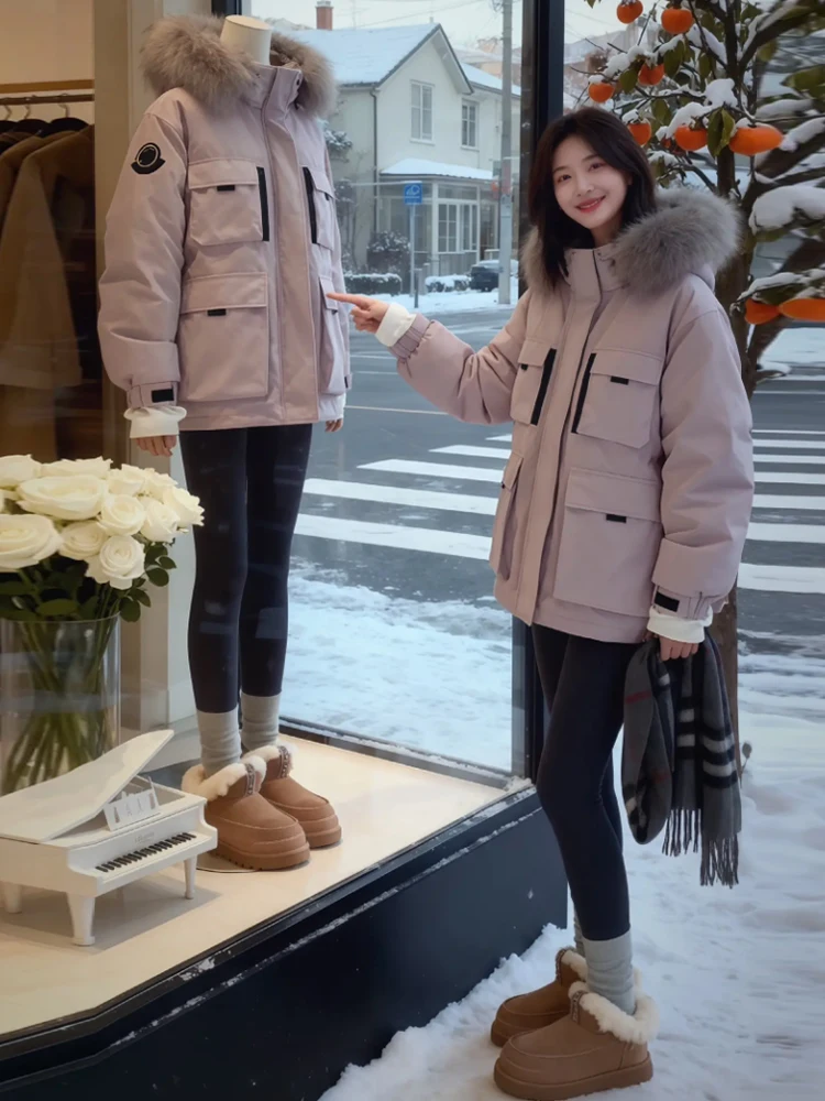 

Корейская женская парка-пуховик с утеплением, с большим меховым воротником, рабочая куртка, повседневное свободное пальто укороченной длины