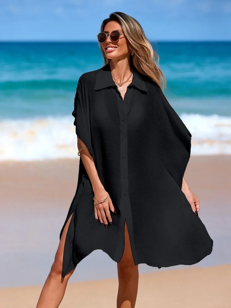 4Colors Loose Fit Polo Collar Sheer Top with Short Sleeve Beach Shirt Blouse Skirt Swimsuit Bikini Summer for Beach Dresses