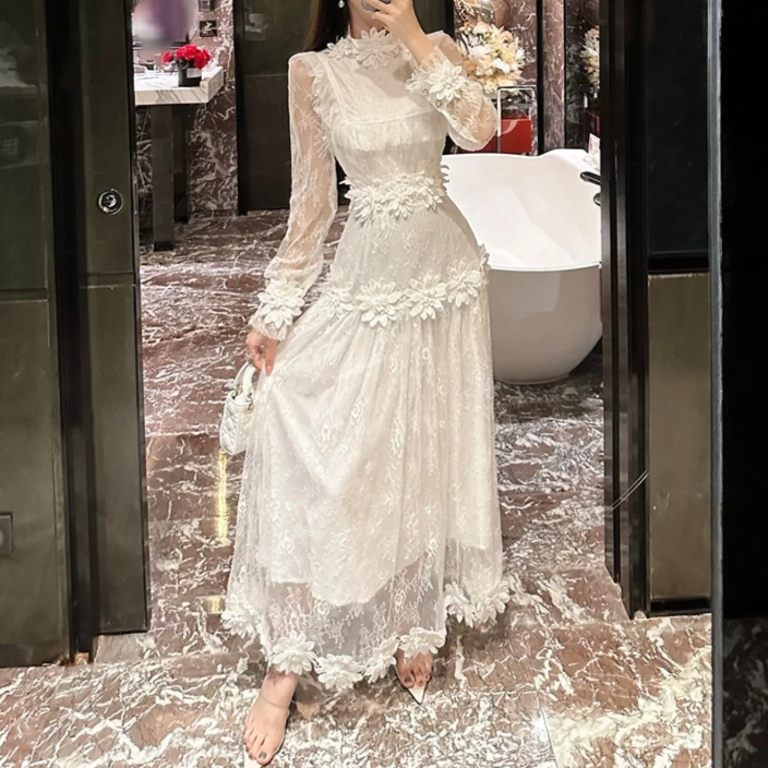 

Белое сетчатое платье с цветочной вышивкой, женское элегантное винтажное осенне-весеннее длинное платье, женская уличная одежда, шикарные облегающие платья