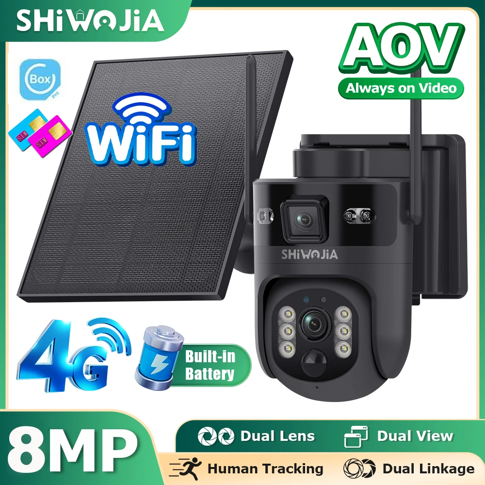 

SHIWOJIA AOV Solar Battery Camera 4G SIM 8MP 7/24 Hours Recording Wireless WIFI Security PTZ Camera Dual Lens PIR Night Vision